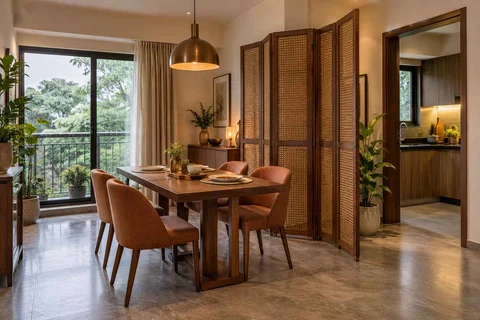 AI-generated dining-room concept: folding-screen dining, monsoon lunch light direction