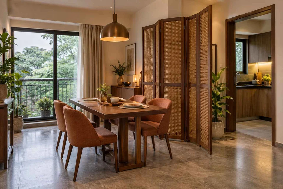 AI-generated dining-room concept: folding-screen dining, monsoon lunch light direction