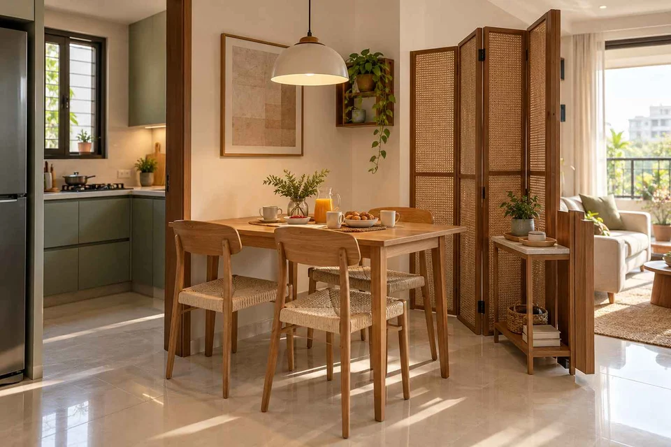 AI-generated dining-room concept: folding-screen dining, morning breakfast rhythm direction