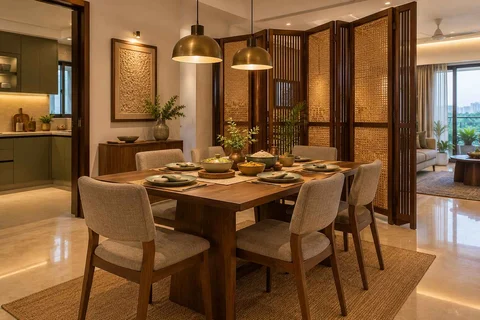 AI-generated dining-room concept: folding-screen dining, serving bowl sharing direction
