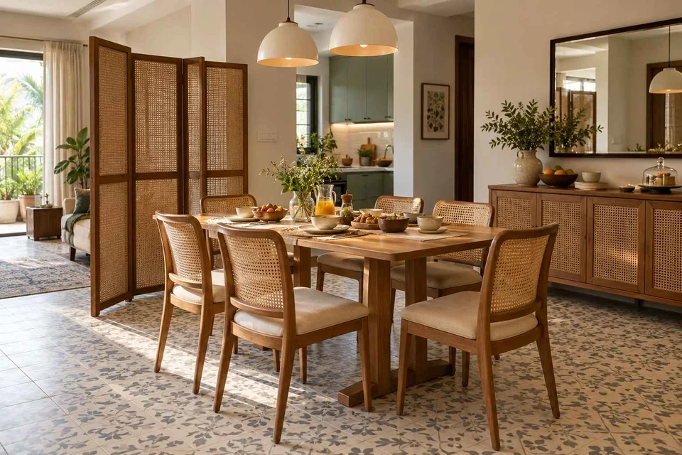 AI-generated dining-room concept: folding-screen dining, slow weekend brunch direction