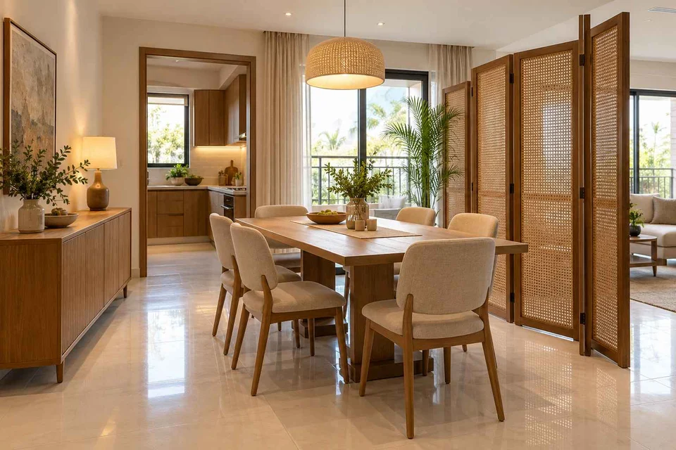 AI-generated dining-room concept: folding-screen dining, summer-airiness dining direction