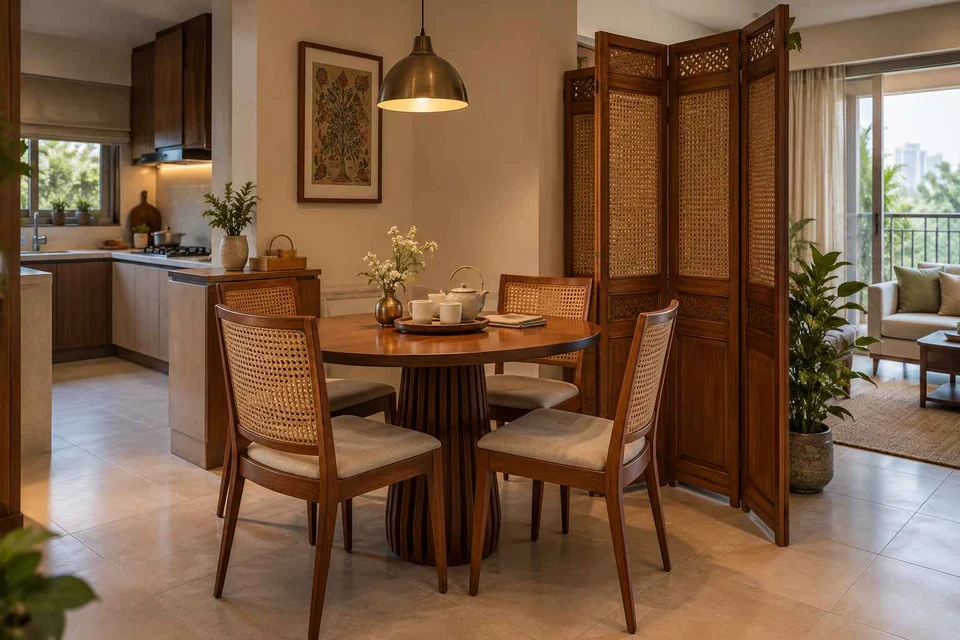 AI-generated dining-room concept: folding-screen dining, tea with friends direction