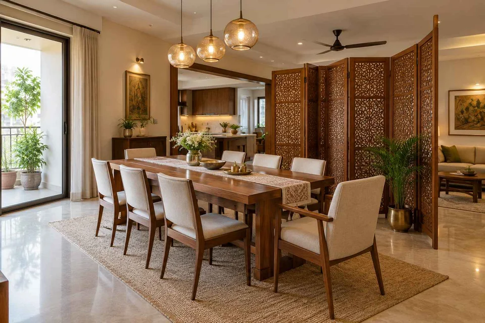AI-generated dining-room concept: folding-screen dining, visiting-parents meal direction