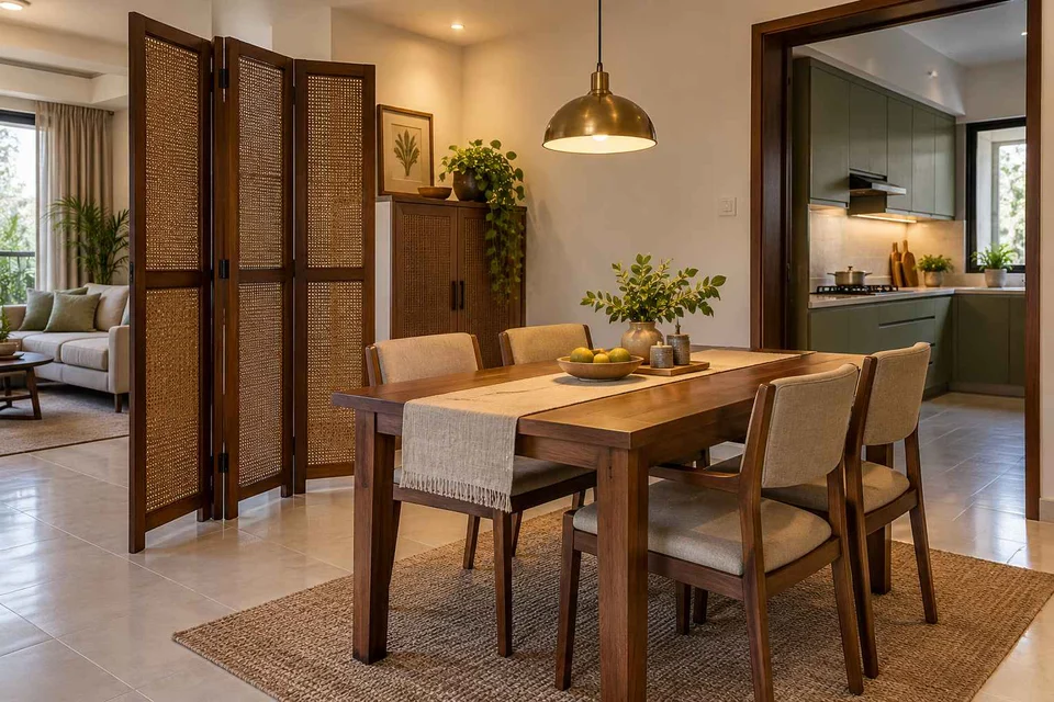 AI-generated dining-room concept: folding-screen dining, weekend craft-to-meal reset direction