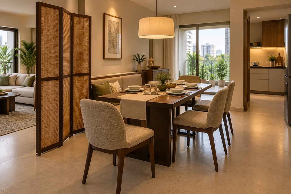AI-generated dining-room concept: folding-screen dining, weeknight compact hosting direction