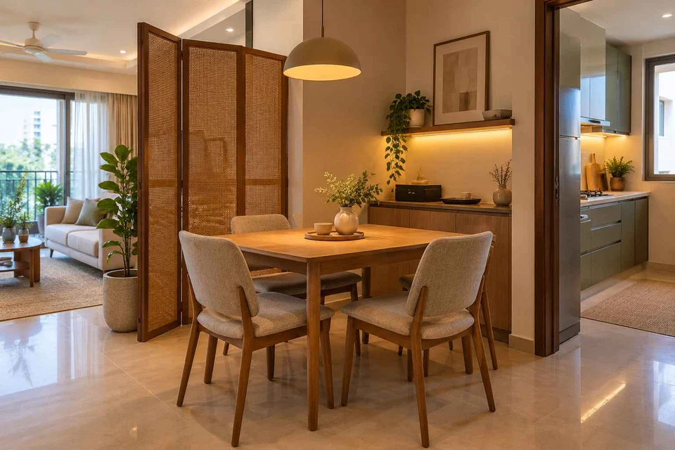 AI-generated dining-room concept: folding-screen dining, work-from-home reset direction