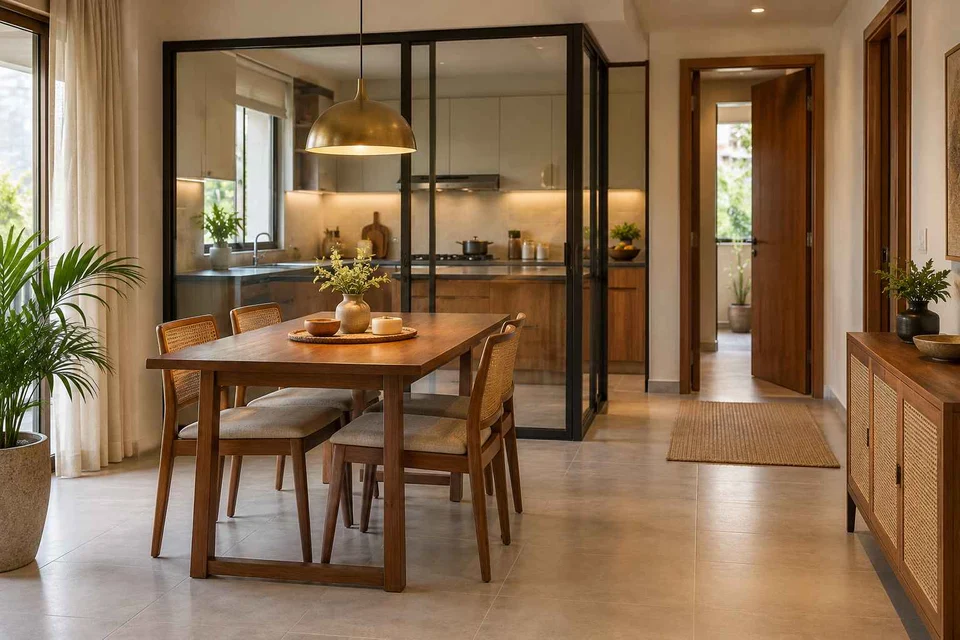 AI-generated dining-room concept: glazed-kitchen dining room, adaptable everyday dining direction