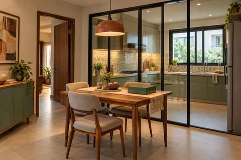 AI-generated dining-room concept: glazed-kitchen dining room, board-game supper direction
