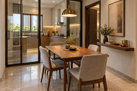 AI-generated dining-room concept: glazed-kitchen dining room, buffet-side gathering direction
