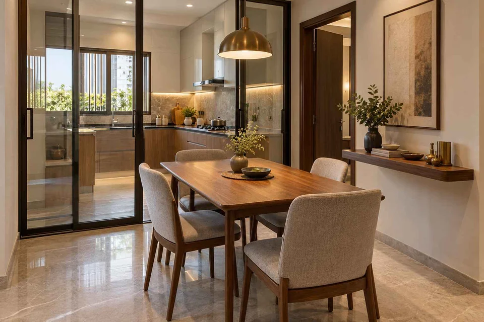 AI-generated dining-room concept: glazed-kitchen dining room, buffet-side gathering direction
