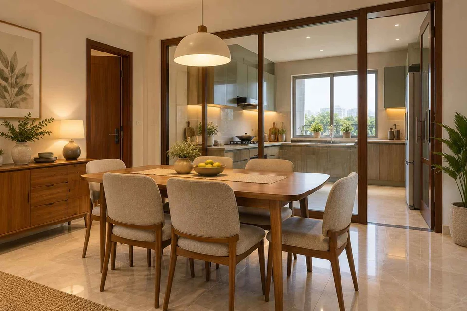 AI-generated dining-room concept: glazed-kitchen dining room, children's everyday meals direction