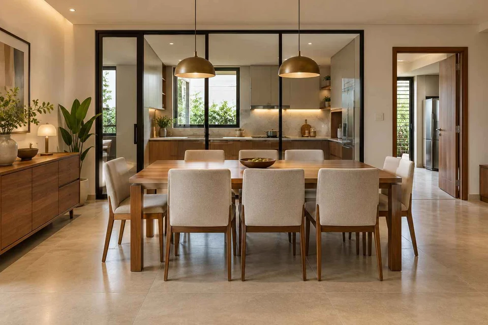 AI-generated dining-room concept: glazed-kitchen dining room, clear-table daily reset direction