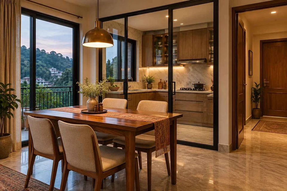 AI-generated dining-room concept: glazed-kitchen dining room, cool-season family table direction