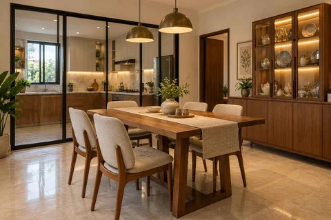 AI-generated dining-room concept: glazed-kitchen dining room, crockery collection display direction