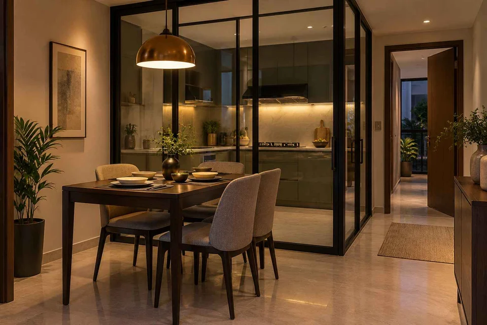 AI-generated dining-room concept: glazed-kitchen dining room, evening candleless dinner direction