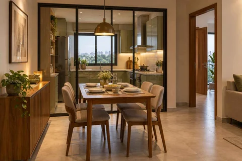 AI-generated dining-room concept: glazed-kitchen dining room, everyday family supper direction