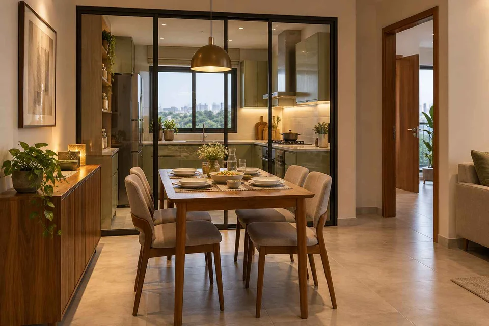 AI-generated dining-room concept: glazed-kitchen dining room, everyday family supper direction