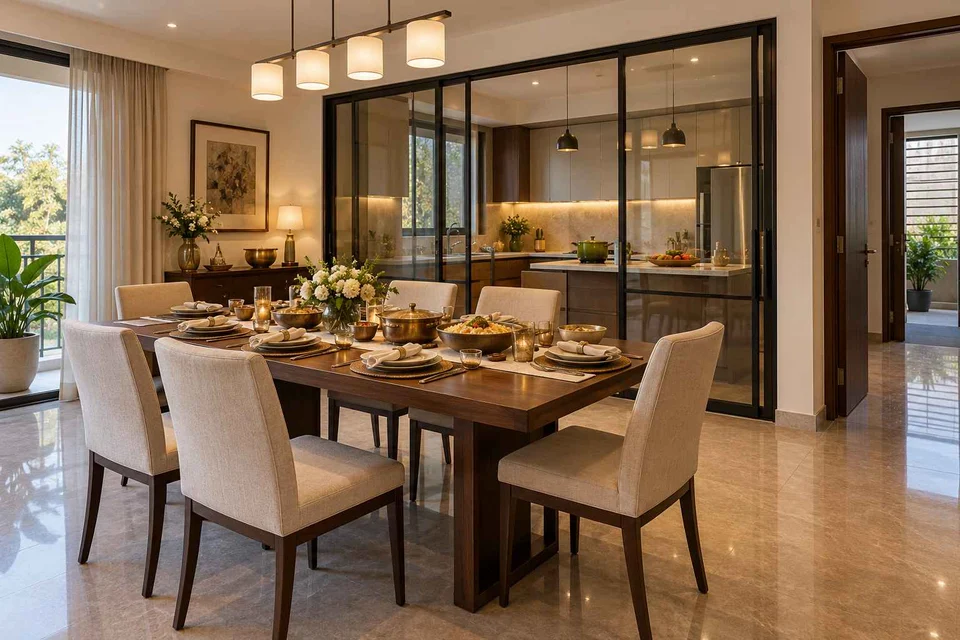 AI-generated dining-room concept: glazed-kitchen dining room, festival meal preparation direction