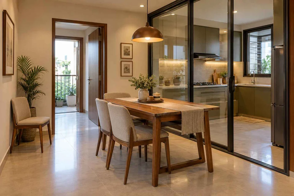 AI-generated dining-room concept: glazed-kitchen dining room, flexible extra seats direction