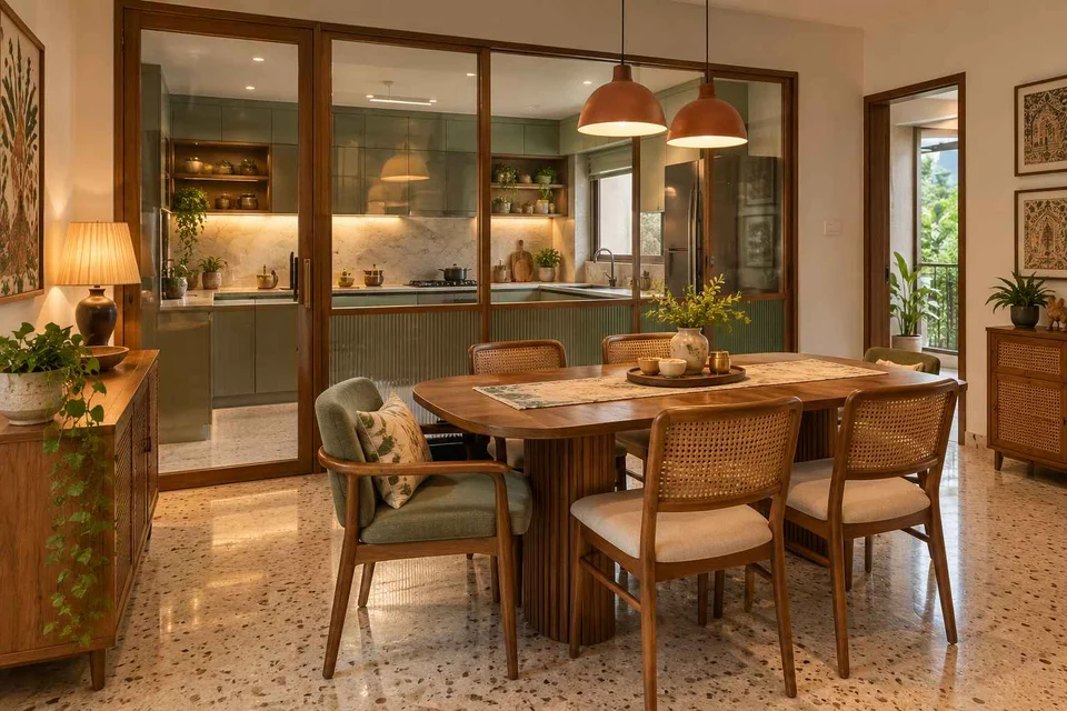 AI-generated dining-room concept: glazed-kitchen dining room, grandparents and grandchildren direction