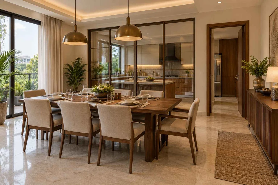 AI-generated dining-room concept: glazed-kitchen dining room, guest welcome meal direction