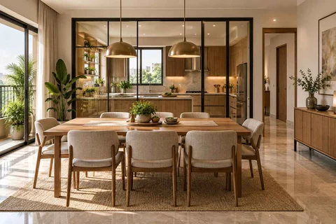 AI-generated dining-room concept: glazed-kitchen dining room, homegrown herb table direction