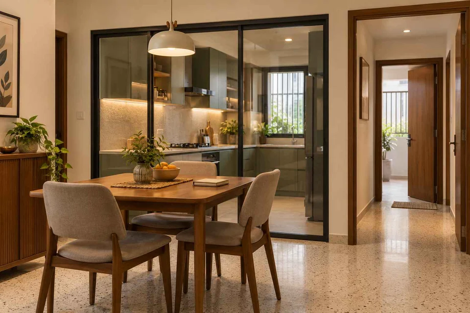 AI-generated dining-room concept: glazed-kitchen dining room, homework-to-dinner transition direction