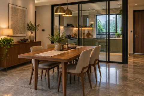 AI-generated dining-room concept: glazed-kitchen dining room, monsoon lunch light direction
