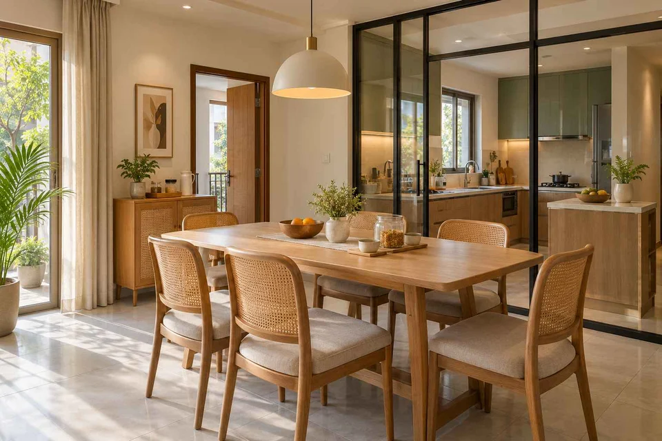 AI-generated dining-room concept: glazed-kitchen dining room, morning breakfast rhythm direction