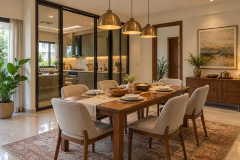 AI-generated dining-room concept: glazed-kitchen dining room, serving bowl sharing direction