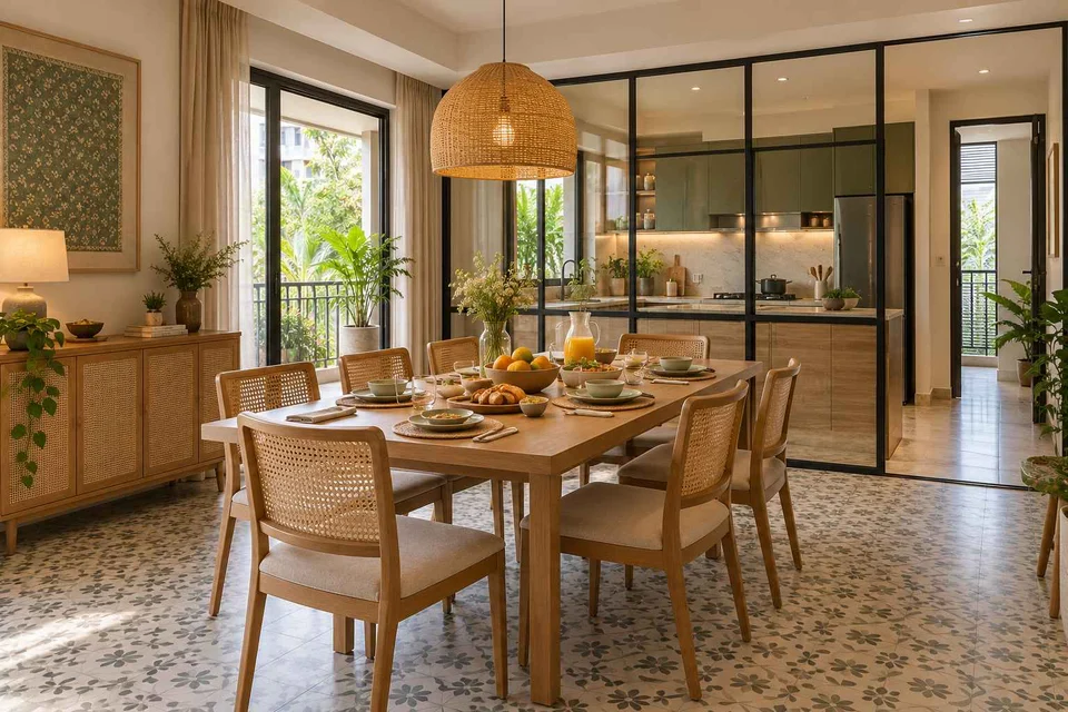 AI-generated dining-room concept: glazed-kitchen dining room, slow weekend brunch direction