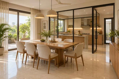 AI-generated dining-room concept: glazed-kitchen dining room, summer-airiness dining direction