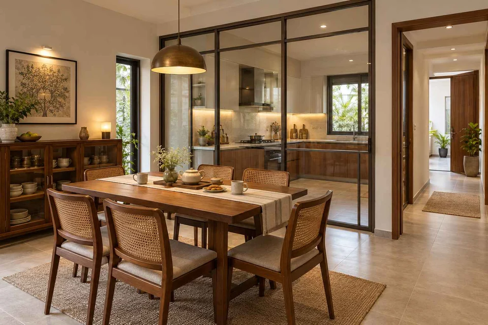 AI-generated dining-room concept: glazed-kitchen dining room, tea with friends direction