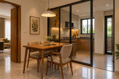 AI-generated dining-room concept: glazed-kitchen dining room, visiting-parents meal direction