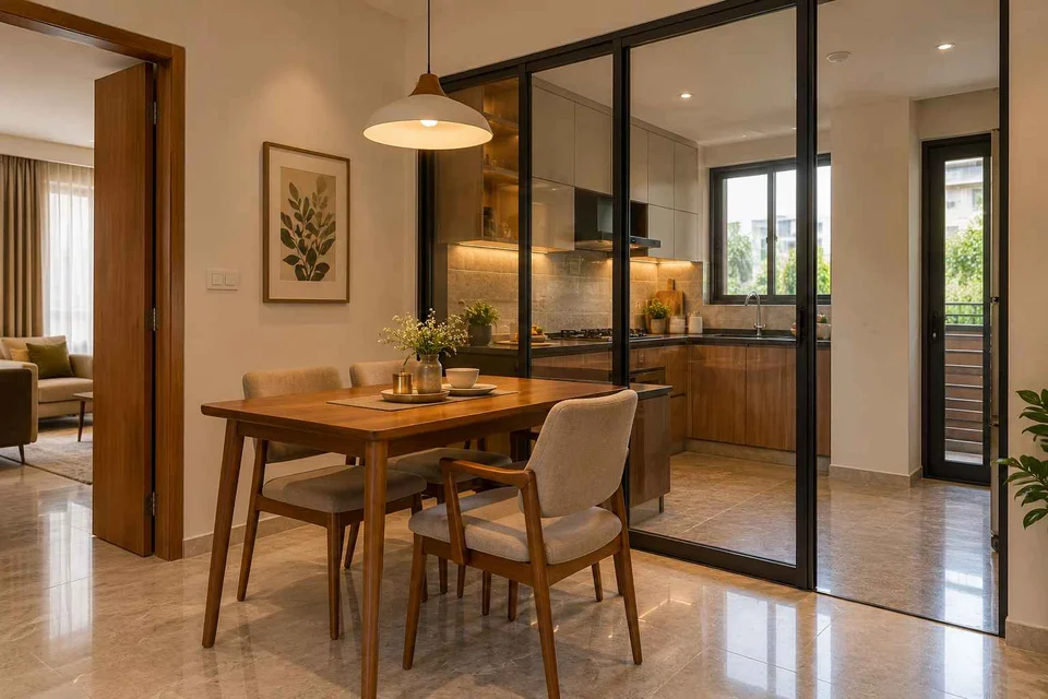AI-generated dining-room concept: glazed-kitchen dining room, visiting-parents meal direction