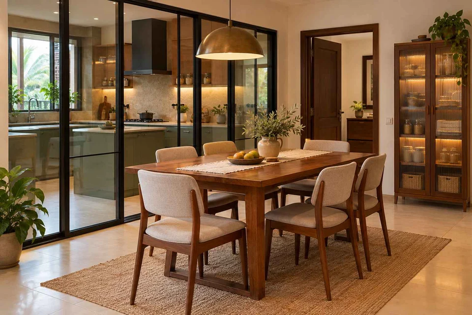 AI-generated dining-room concept: glazed-kitchen dining room, weekend craft-to-meal reset direction