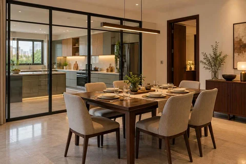 AI-generated dining-room concept: glazed-kitchen dining room, weeknight compact hosting direction