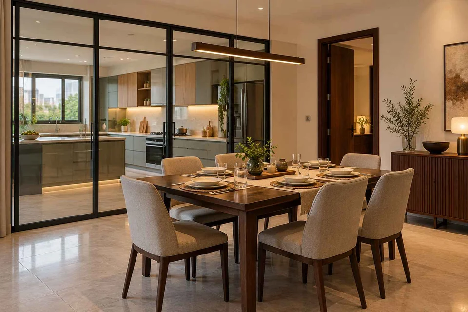 AI-generated dining-room concept: glazed-kitchen dining room, weeknight compact hosting direction