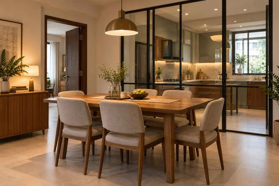 AI-generated dining-room concept: glazed-kitchen dining room, work-from-home reset direction