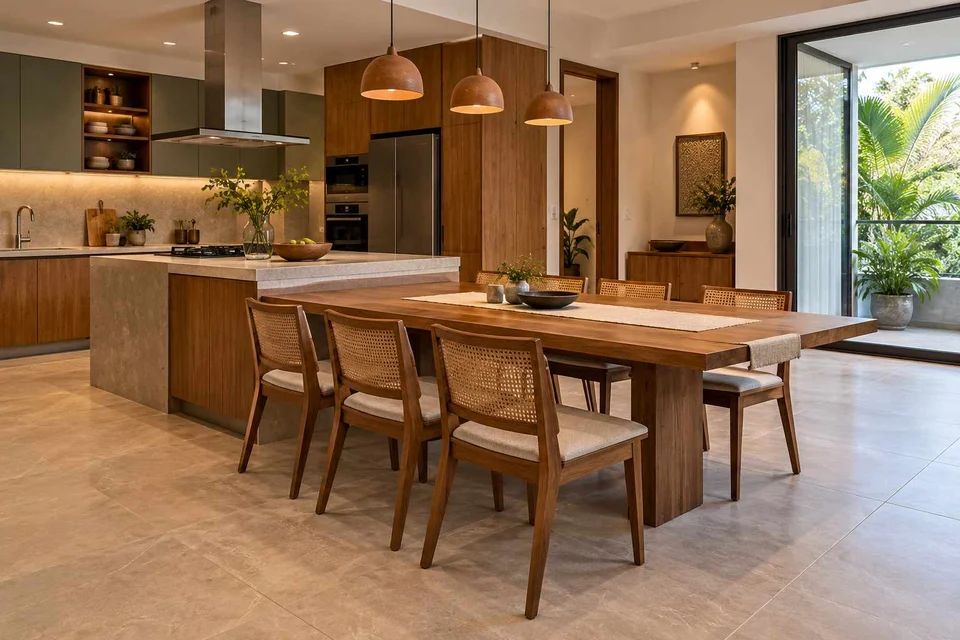 AI-generated dining-room concept: kitchen-adjacent dining, adaptable everyday dining direction