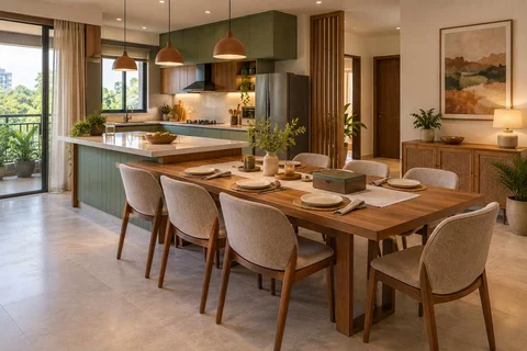 AI-generated dining-room concept: kitchen-adjacent dining, board-game supper direction