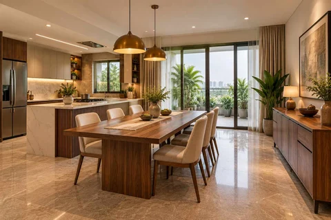 AI-generated dining-room concept: kitchen-adjacent dining, buffet-side gathering direction