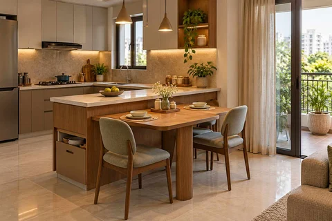 AI-generated dining-room concept: kitchen-adjacent dining, children's everyday meals direction
