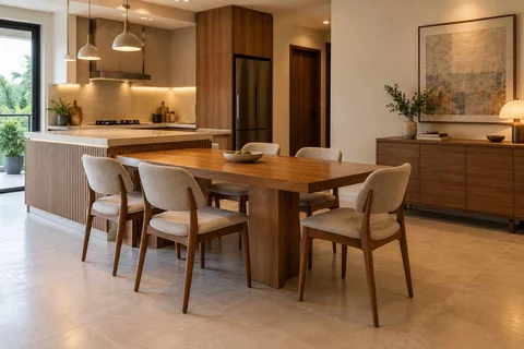 AI-generated dining-room concept: kitchen-adjacent dining, clear-table daily reset direction