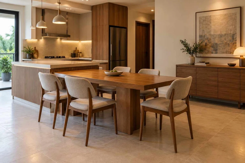 AI-generated dining-room concept: kitchen-adjacent dining, clear-table daily reset direction