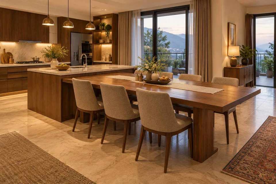 AI-generated dining-room concept: kitchen-adjacent dining, cool-season family table direction