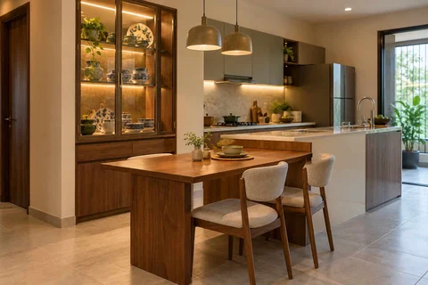 AI-generated dining-room concept: kitchen-adjacent dining, crockery collection display direction