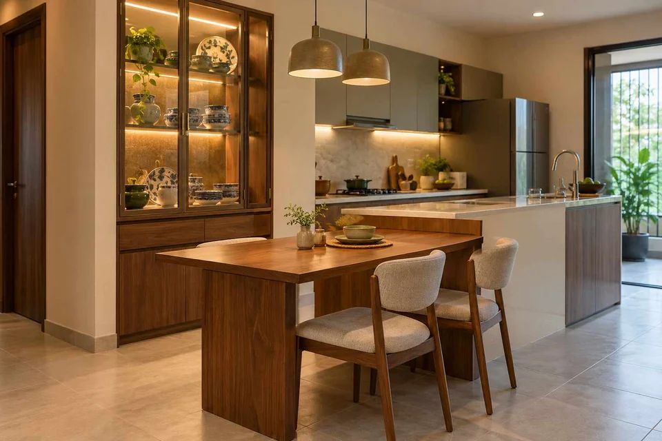 AI-generated dining-room concept: kitchen-adjacent dining, crockery collection display direction