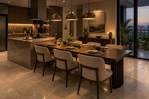 AI-generated dining-room concept: kitchen-adjacent dining, evening candleless dinner direction